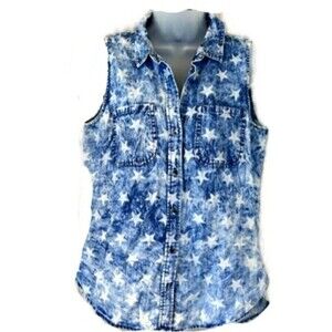Rock & Republic Denim Chambrey Star Print Shirt Top Blouse Small